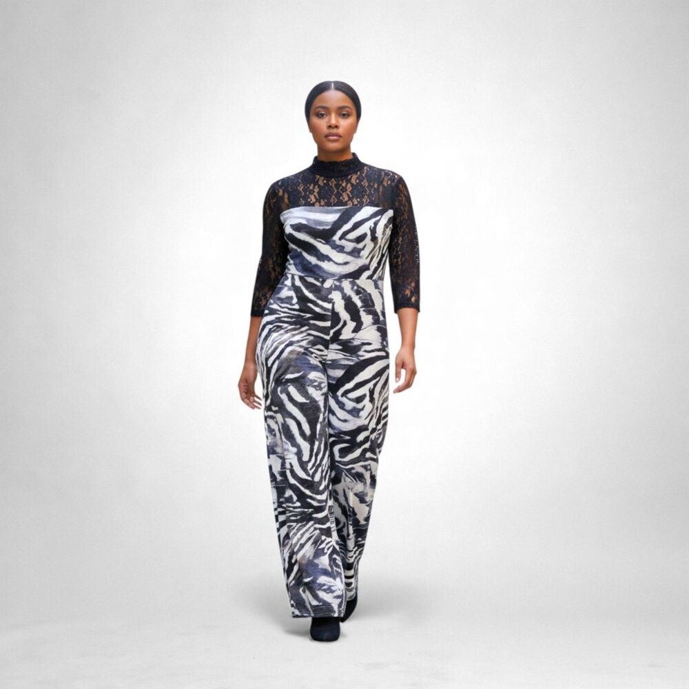 COLDESINA Clara Black Lace Zebra Print Jumpsuit Jumper, Size 1X